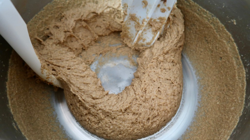 Close-up of a mixing bowl with dough before autolyse