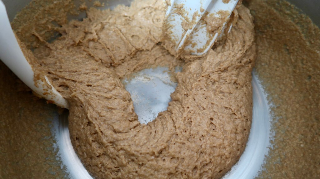 Close-up of a mixing bowl with dough after autolyse