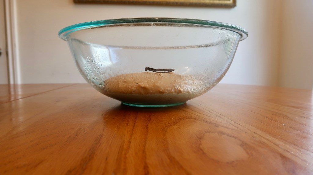 A glass bowl containing dough resting on a wooden table with a faint reflection.
