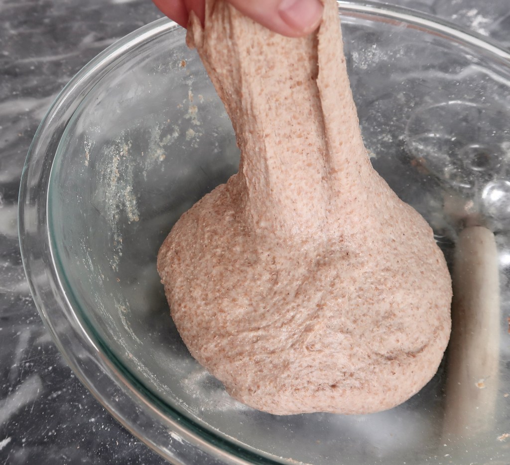 A hand stretching and pulling whole grain dough in a glass bowl.