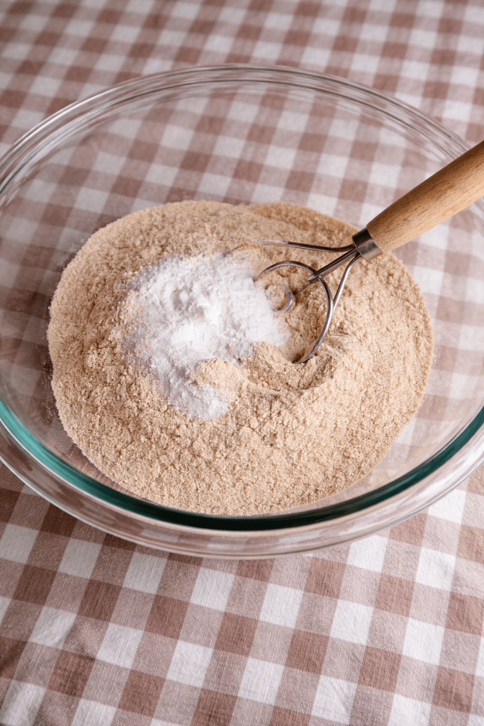 A glass bowl filled with a mixture of brown flour and baking powder, with a whisk resting inside, on a brown and white checkered tablecloth.