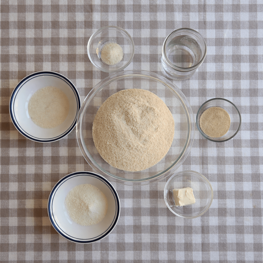 An assortment of ingredients for cooking, including a mound of rice in a glass bowl, small bowls of sugar and salt, a glass of water, and a small piece of butter, placed on a checkered tablecloth.