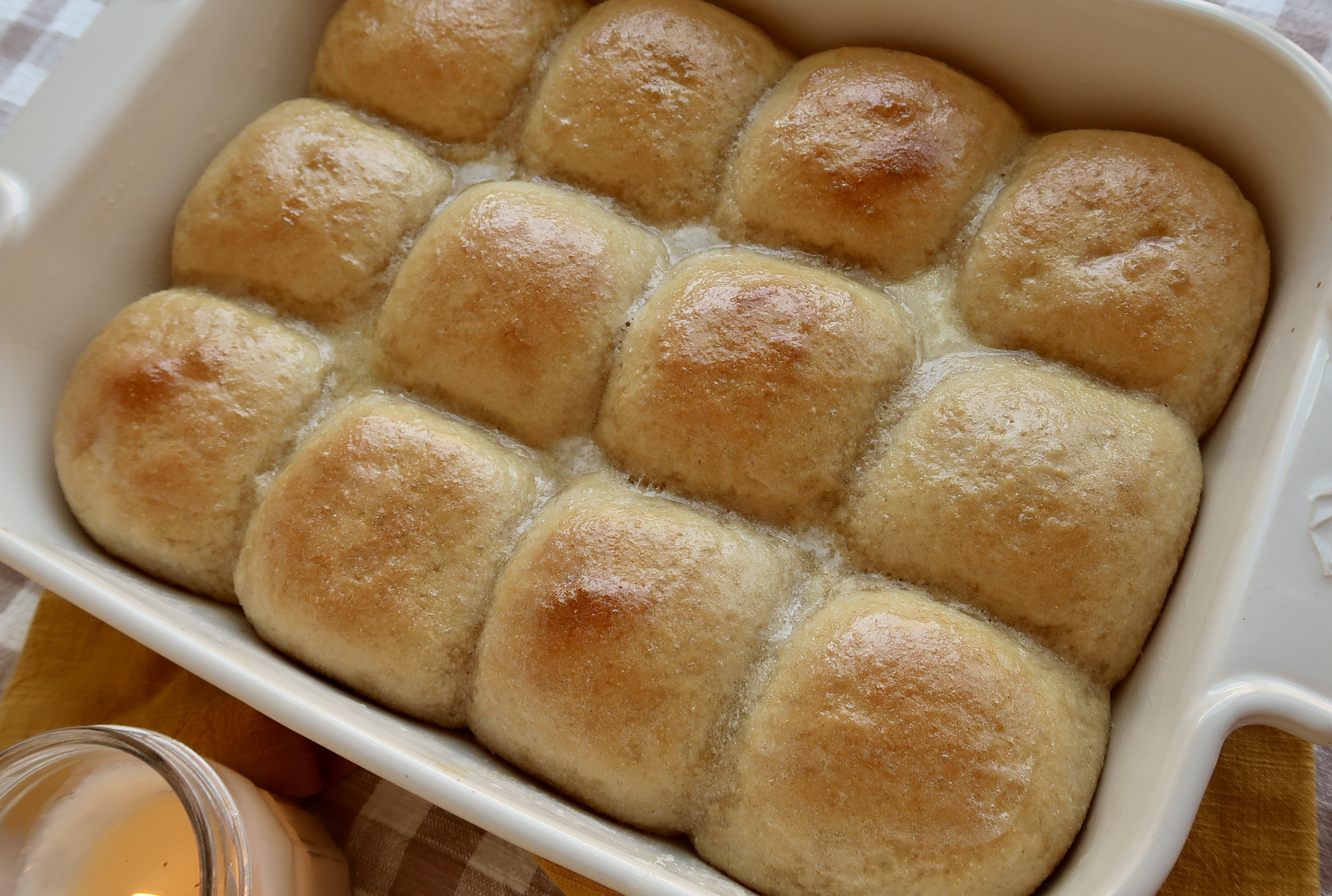 Fresh-milled bakery style yeast rolls in baking dish