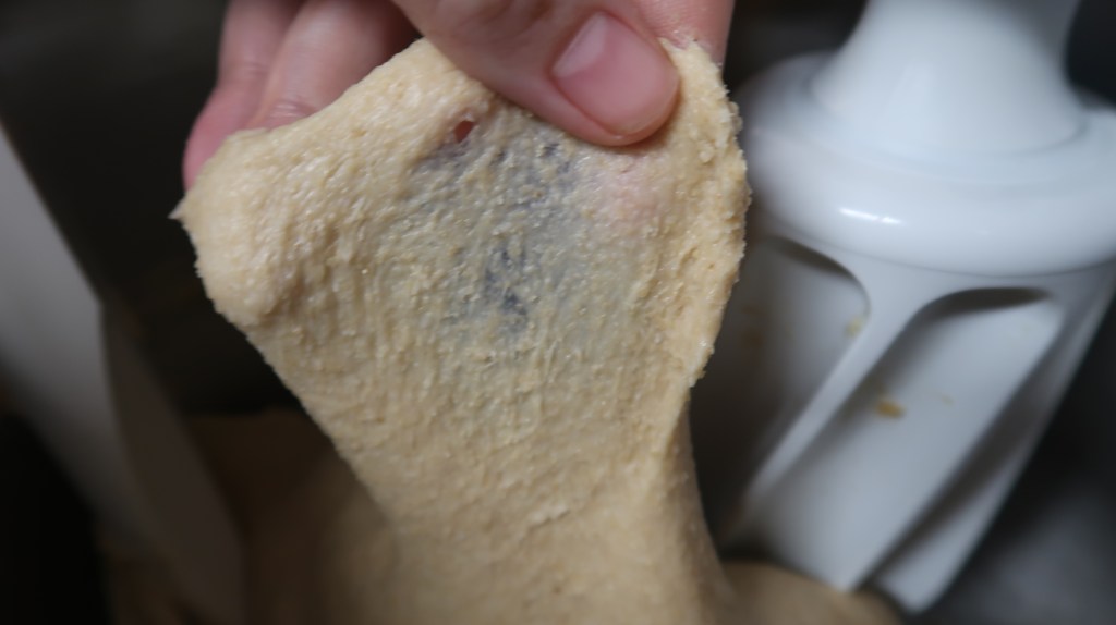 A close-up of a hand holding a piece of dough, showcasing its texture and elasticity, with a mixer visible in the background.